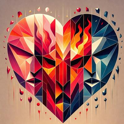 The primary subject of the image is a heart-shaped design, which features a mix of red, orange, and blue colors. The heart is made up of multiple triangles, creating a visually striking and unique pattern. The setting is a dark background, which contrasts with the vibrant colors of the heart. The visual style of the image is a combination of digital art and illustration, creating a bold and eye-catching design. The colors and mood of the image are energetic and lively, with the red and orange hues representing passion and the blue hues adding a sense of calmness.